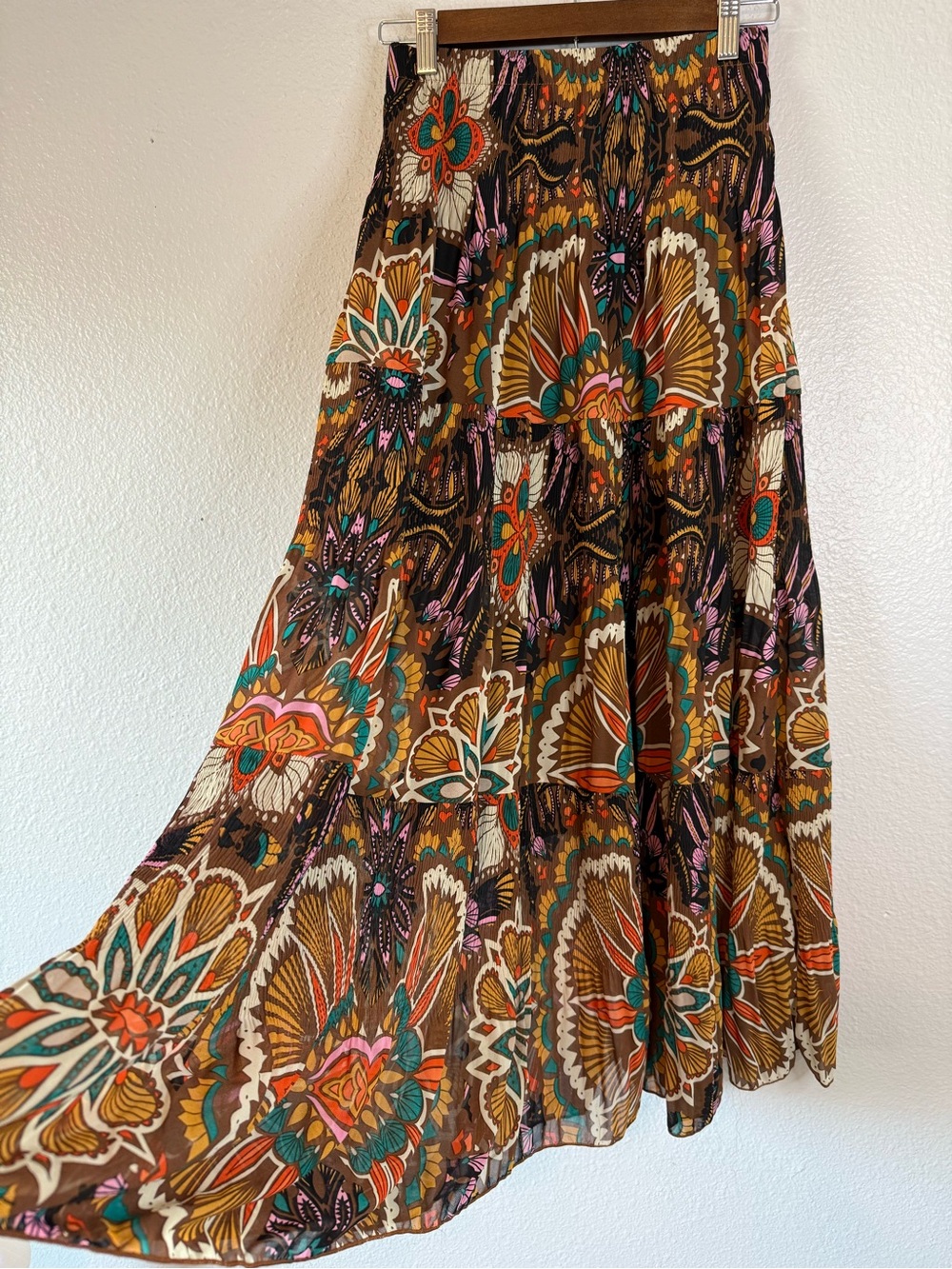 Nashalyly Boho Abstract Tiered Maxi Skirt Brown Retro Print Lined S